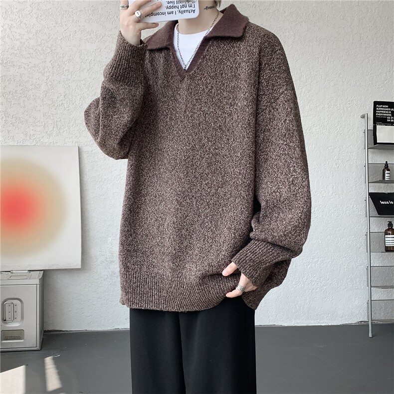 现货MY7153-特P65高密老钱风小翻领毛衣男女宽松polo领大码针织衫,男装针织衫/毛衣,电商A059