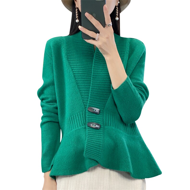洋气荷叶边纯羊毛开衫女春毛衣针织外套红色短款披肩外搭羊绒上衣,女装羊毛衫,鹿一羊绒