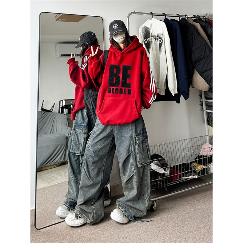 抖音得物供货提供视频秋冬重磅美式宽松织带连帽卫衣0433,男装卫衣,电商A486