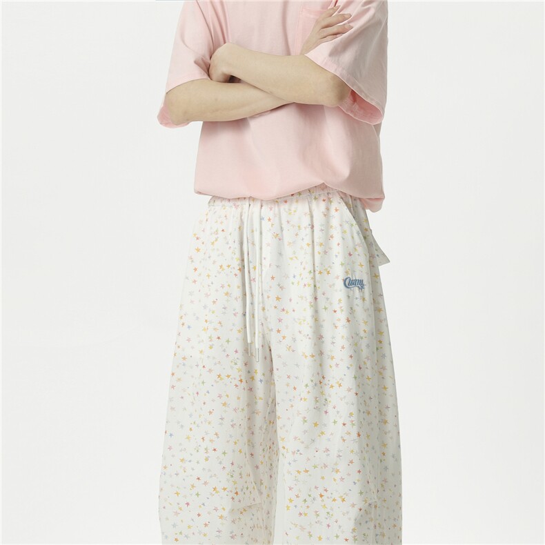 美式星星满印褶皱男女夏季宽松慵懒风阔腿裤伞兵弯刀裤A1265-P42,男装休闲裤,星座208-5