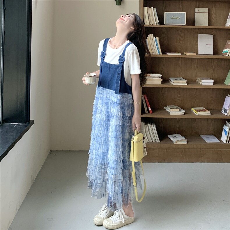 网纱拼接蛋糕牛仔背带连衣裙套装女夏2025新款气质感独特漂亮裙子,女装套装/套裙,2C115