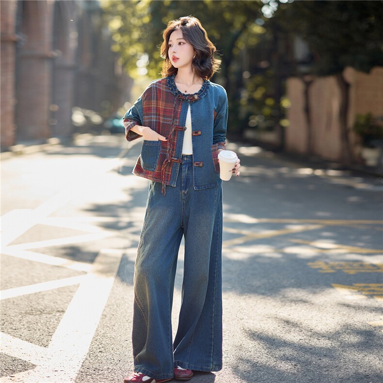 2025年秋季韩系格纹拼接牛仔套装洋气减龄阔腿裤两件套,女装套装/套裙,欣品汇