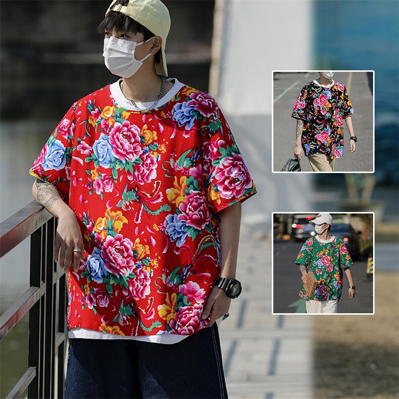 HT202男士夏大码人棉大花红黑圆领短袖透气凉爽TEE恤棉纱风,男装T恤,星座115A(原星座507）