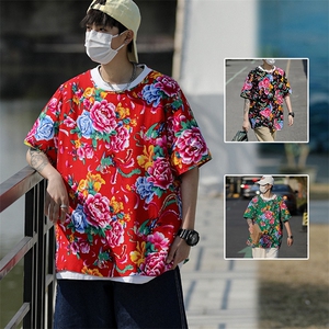 HT202男士夏大码人棉大花红黑圆领短袖透气凉爽TEE恤棉纱风