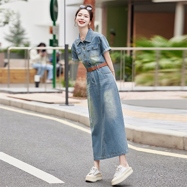 复古短袖牛仔连衣裙女2026夏季新款薄款气质收腰高级感开叉长裙子,女装连衣裙,印象茜