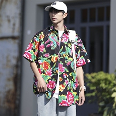 DC203男女中性风东北大花短袖衬衫衬衣外套民族风汉服团队服，男装衬衫，星座115A(原星座507）