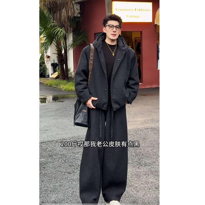抖音高级保暖连帽棉服外套弯刀裤套装TZ353上衣135裤子78网图图片