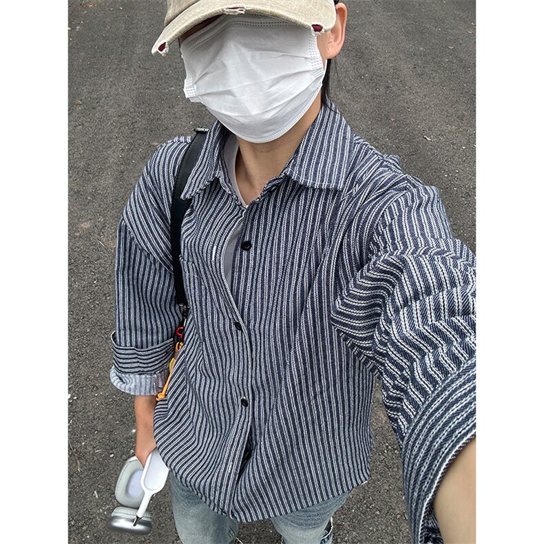 条纹衬衫潮牌长袖衬衣宽松港风休闲外套CS287-P45,男装衬衫,星座301C-5