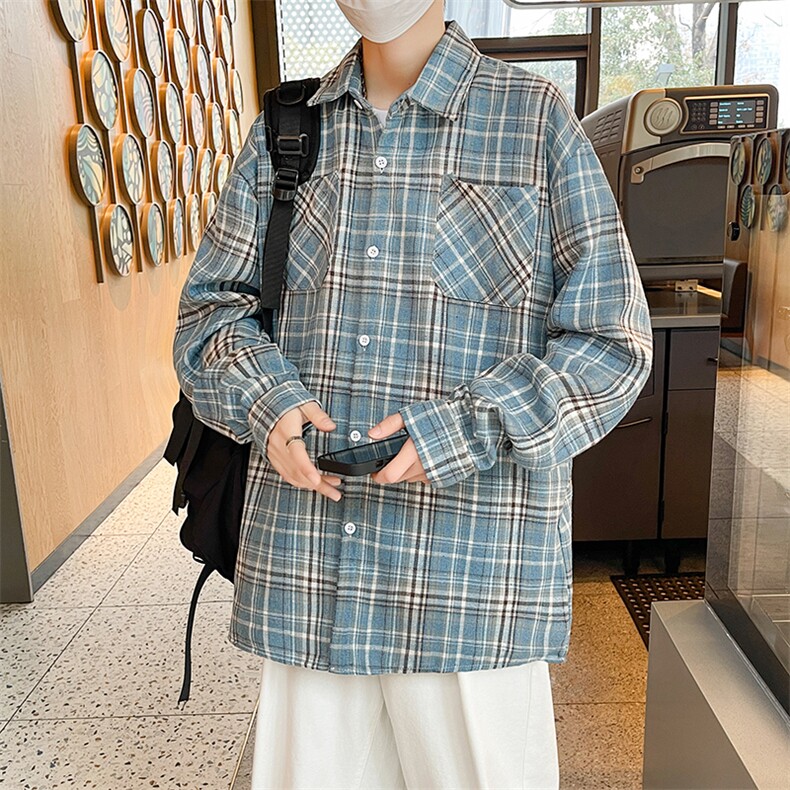 美式复古格子衬衫男春季情侣宽松百搭慵懒风长袖衬衣C0393-P40,男装衬衫,星座308B-2