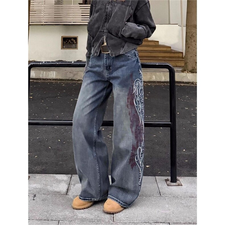 美式复古刺绣宽松直筒竹节纹牛仔裤男女阔腿街头cleanfit长裤潮图片