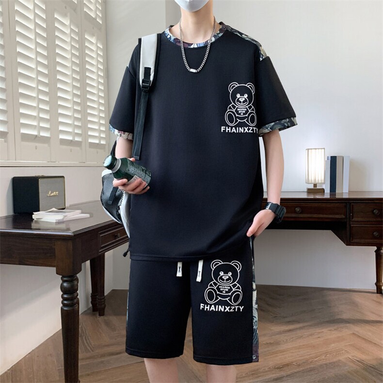 港风套装男休闲宽松冰丝青年圆领短袖T恤短裤两件套-JZ6210-P38图片
