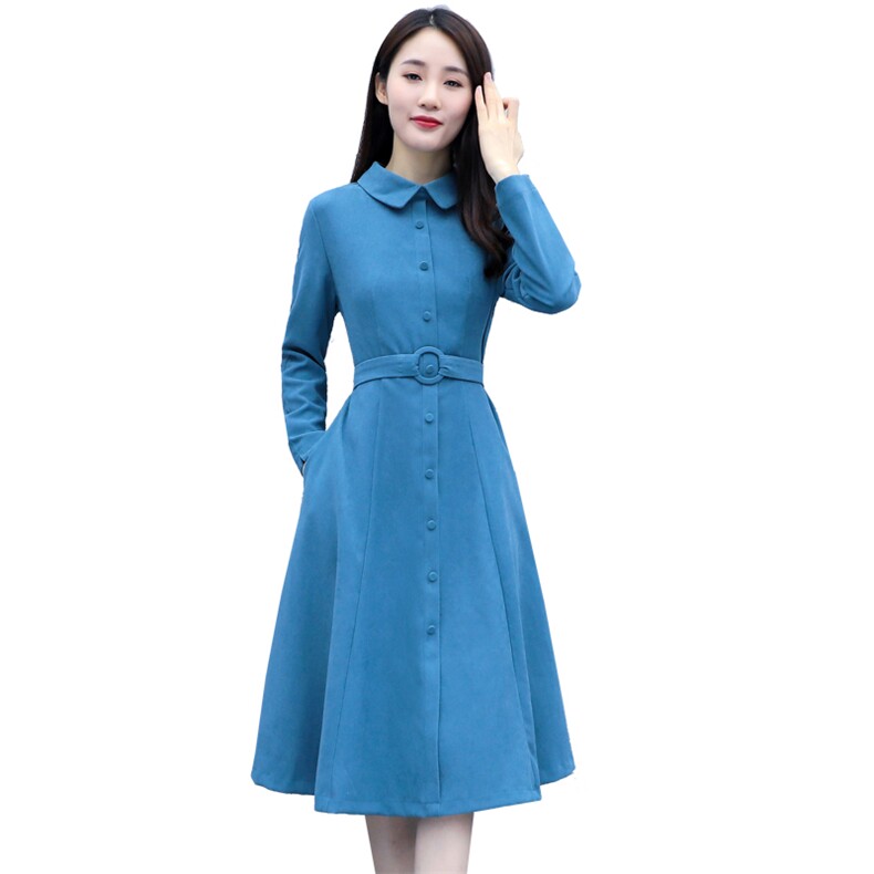 连衣裙V领长袖收腰中长款气质纯色百搭2021年秋季,女装连衣裙,岚衣(原川流布茜）