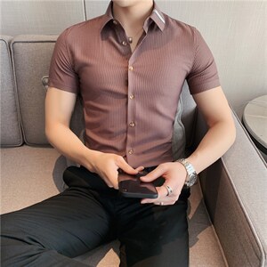 夏装新款男织带条纹衬衫男修身英伦短袖衬衣DC06/P55图片