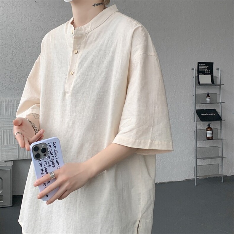 8XL-M中式立领棉麻T恤特大码亨利领亚麻短袖polo衫半袖DX1210/P45,男装T恤,电商B238