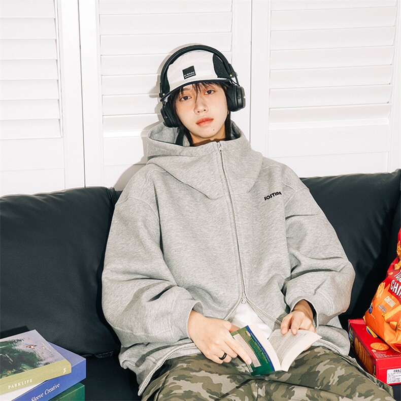 420g重磅连帽卫衣男款秋冬美式高街浅灰色外套宽松休闲情侣装上衣,男装卫衣,星座707-1