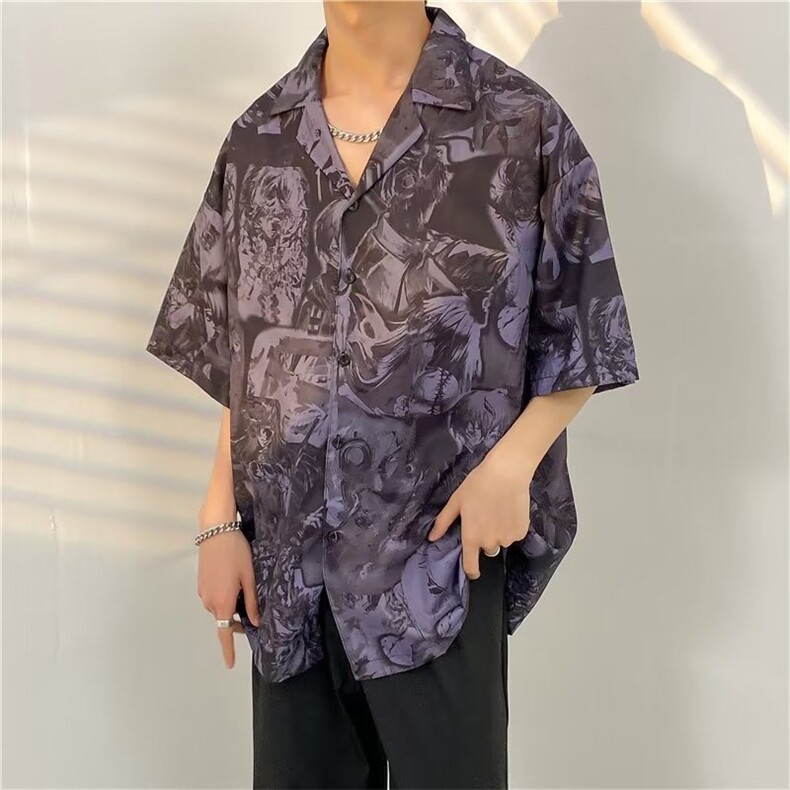 日系五分袖春夏季新款衬衫潮流慵懒男方领宽松型衬衫C1310P28,男装衬衫,星座1116-2