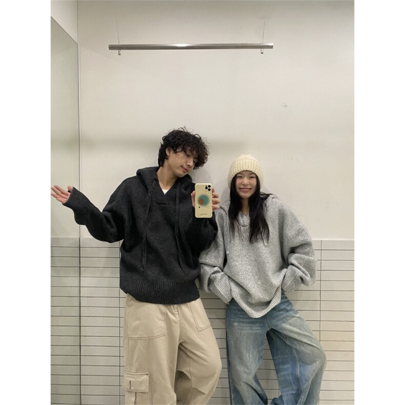 美式连帽针织衫外套男秋季潮牌花灰色情侣毛衣高街慵懒风百搭上衣,男装针织衫/毛衣,星座516A