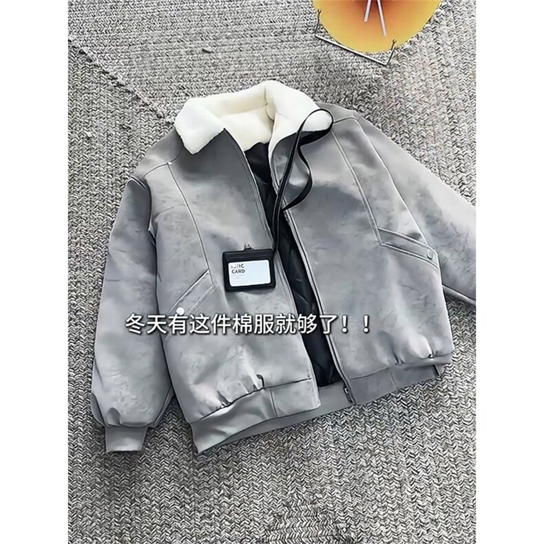 现货重磅硬挺boxy羽绒棉衣座山雕羊羔毛领洗水麂皮棉服冬外套,男装棉衣,电商A486-1