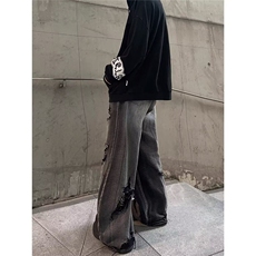 美式高街乞丐破洞牛仔裤男女夏季hiphop黑灰色裤子直筒宽松阔腿裤，男装牛仔裤，星座601-1
