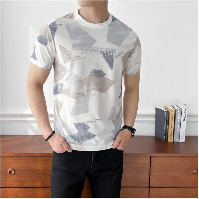 B353 T5827 P35 L-4XL 夏季2025新款男士冰丝凉感速干短袖T恤 杏图片
