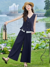 现货2026夏季时尚潮流天丝亚麻老钱风马甲三件套加阔腿裤套装，女装套装/套裙，尚洛菲