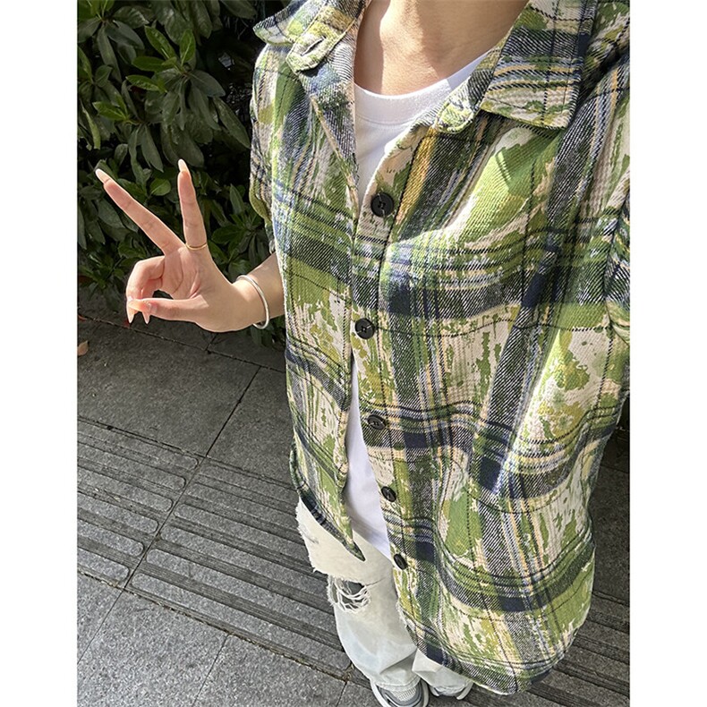 绿色扎染格子衬衫男秋季高级感痞帅格纹长袖衬衣美式复古情侣外套,男装衬衫,电商基地A086