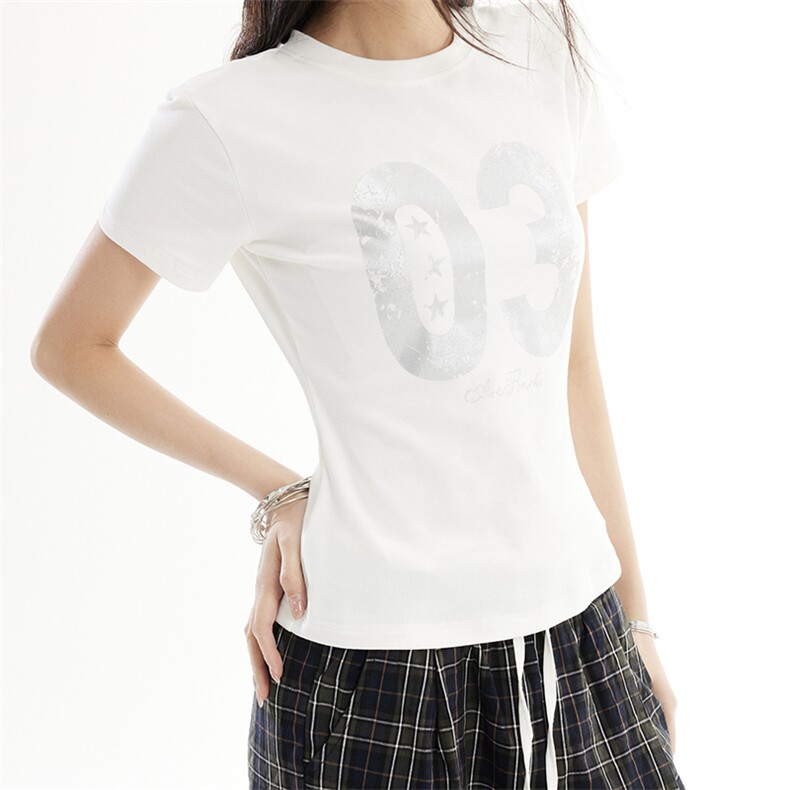 辣妹短袖正肩T恤衫女数字印花修身显瘦2026夏季短款上衣YD276-P30,男装T恤,星座509