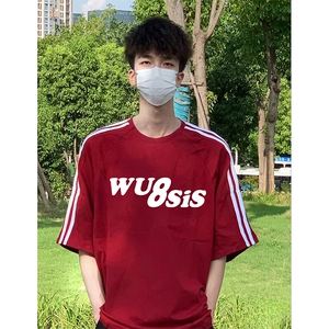抖音得物高品质二开240克宽松纯棉美式潮牌三条杠织带短袖T恤图片