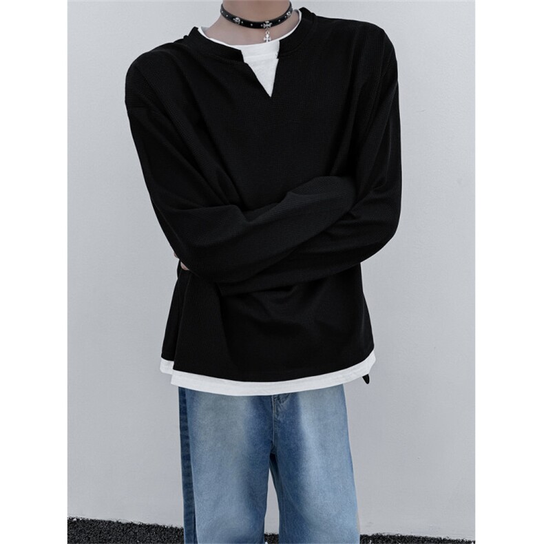 XZ1005-1-TTH0075-批50-重磅华夫格假两件垫肩长袖T恤,男装T恤,星座1005-1