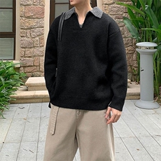重磅北极绒假两件衬衫领毛衣美式高街复古休闲慵懒纯色翻领针织衫，男装针织衫/毛衣，电商A486-1