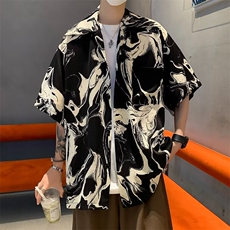 夏季古巴领冰丝衬衫男短袖痞帅潮牌高级感潮流印花网红炸街上衣服，男装衬衫，星座601-2