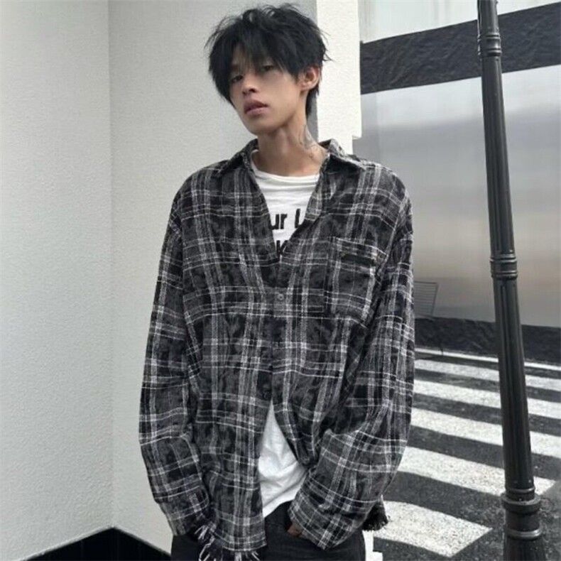 美式复古嘻哈扎染格纹破坏毛边衬衫男女宽松百搭秋季长袖衬衣外套图片