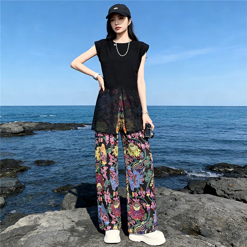 盐系穿搭休闲时尚套装女夏款开叉设计黑色网纱拼接短袖长裤两件套,女装套装/套裙,江南