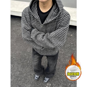 480G重磅加绒硬挺boxy 男女秋冬美式高街条纹毛呢卫衣开衫厚外套图片