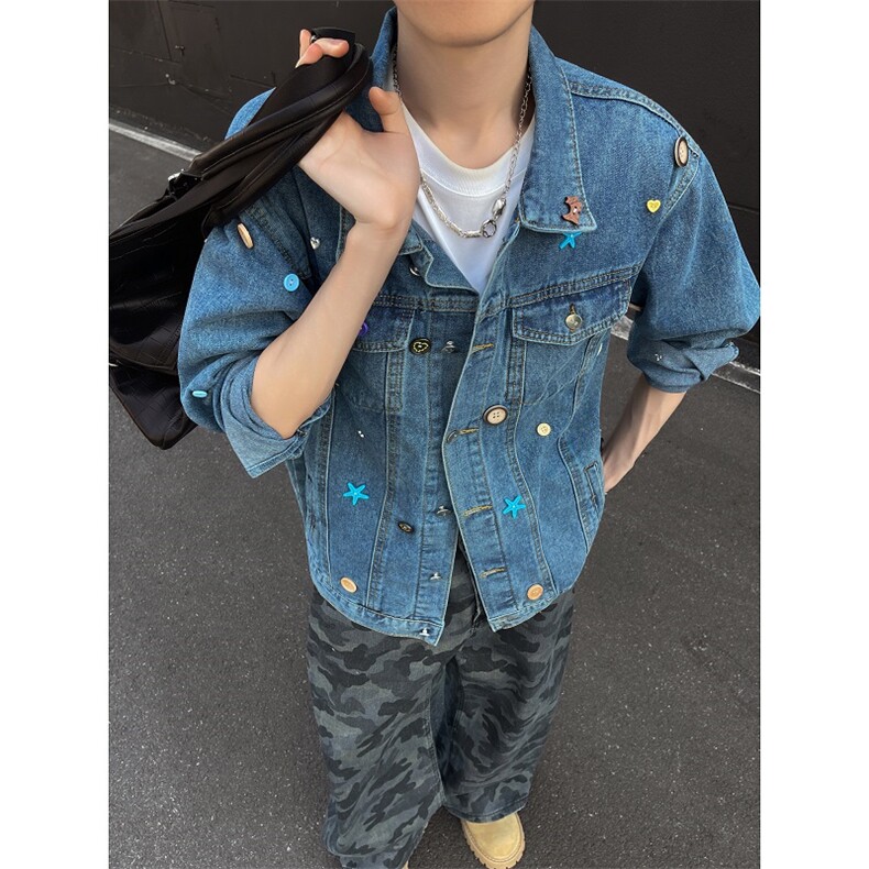秋冬款男涂鸦牛仔夹克衫纽扣星星装饰宽松满天星外套JK0098P75,男装夹克,星座1013-1