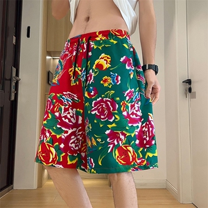 U1男女拼接大码短裤东北大花风休闲沙滩裤五分团队裤子潮男女,嫌碎花裙太花可搭配白体恤图片
