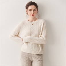 宽松慵懒复古麻花菱形山羊绒衫女减龄2025秋冬加厚圆领针织大毛衣，女装羊绒衫，绒创羊绒