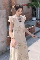新中式国风俏皮连衣裙女2025夏季新款宽松显瘦减龄飞飞袖碎花长裙，女装连衣裙，秋水欣儿