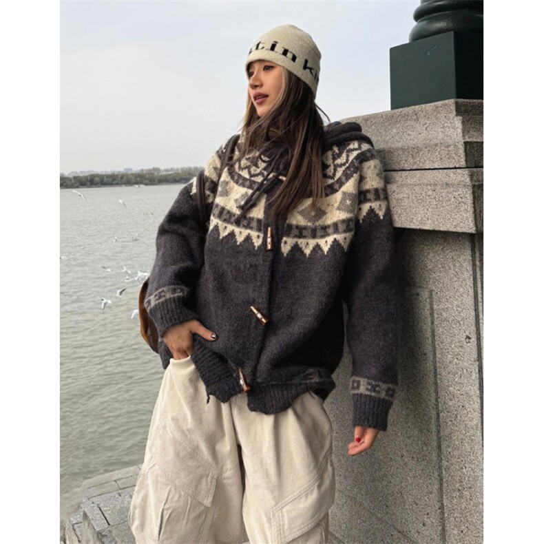 灰色牛角扣连帽毛衣外套女秋冬季加厚宽松慵懒针织开衫MY448,男装针织衫/毛衣,星座1116A（原606A-3）