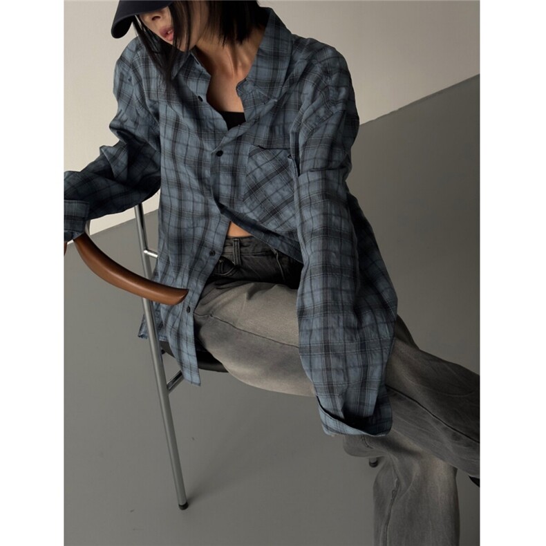 新款男女装格子衬衫春韩系穿搭长袖衬衣设计感宽松外套825P50，女装衬衫，星座710