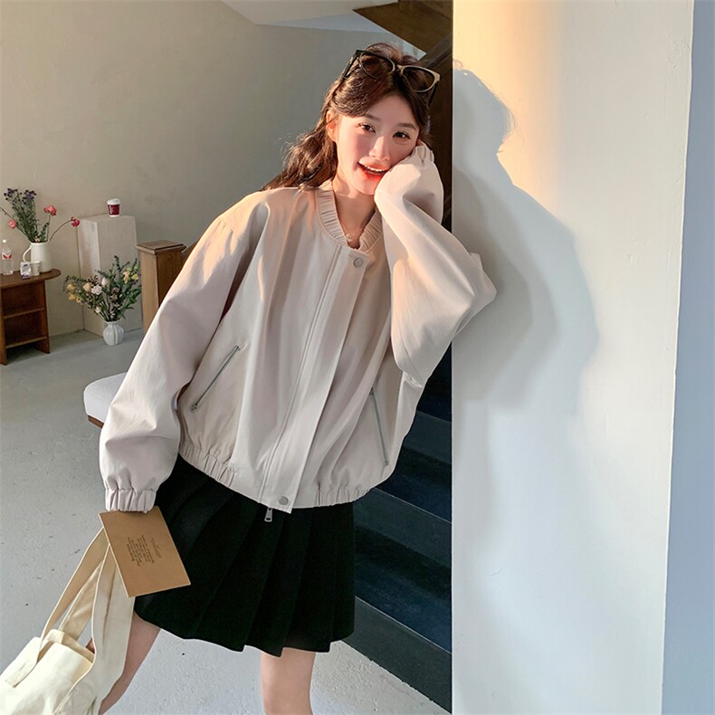 米白色圆领外套女春季2025新款超好看时髦宽松休闲显瘦短款夹克,女装短外套,浙宝285（原212）