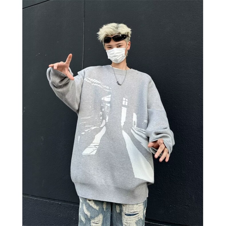 秋冬新款抽象图案套头毛衣新款小众复古宽松慵懒针织衫MZ483-P49,男装针织衫/毛衣,星座412-3
