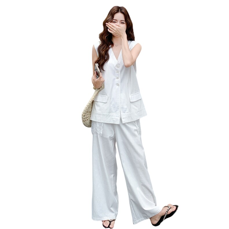蕾丝拼接马甲套装女2025夏季新款设计感独特漂亮白色阔腿裤两件套,女装套装/套裙,2C176