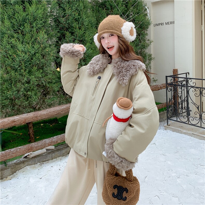 羊羔毛拼接派克棉服女冬超火好看高级感加厚工装羽绒棉衣棉袄外套,女装棉衣/棉服,2C232