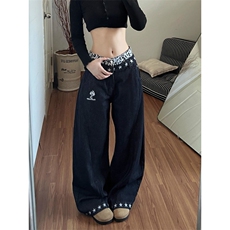 美式复古星星拼接阔腿牛仔裤裤子春季新款高腰宽松拖地裤NZ013，男装牛仔裤，星座516A