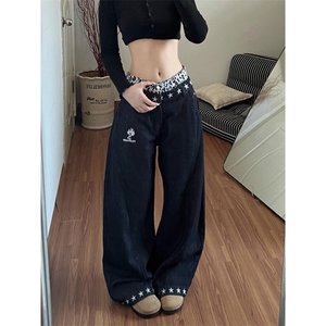 美式复古星星拼接阔腿牛仔裤裤子春季新款高腰宽松拖地裤NZ013图片