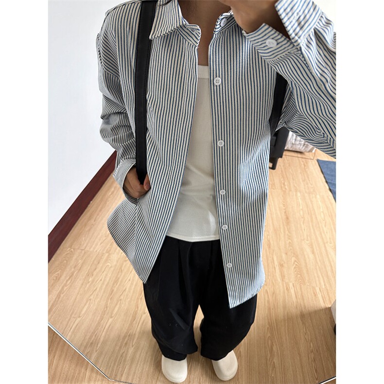 现货文艺牛仔条纹衬衫设计感潮牌长袖衬衣宽松休闲外套CS017-P30,男装衬衫,星座301C-5