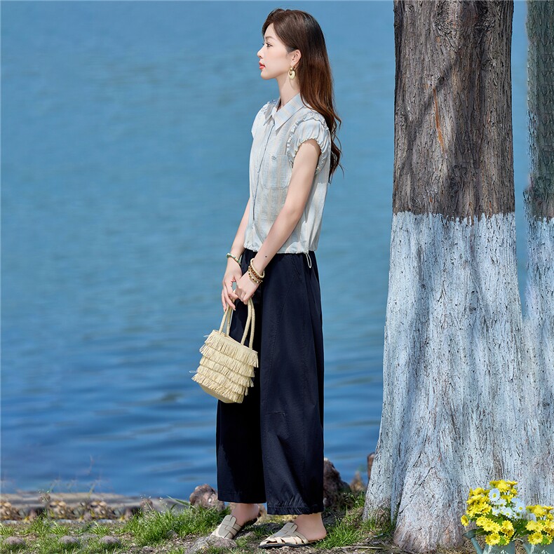 2026年夏季新款木耳边甜美衬衫阔腿裤两件套套装女,女装套装/套裙,依路服饰
