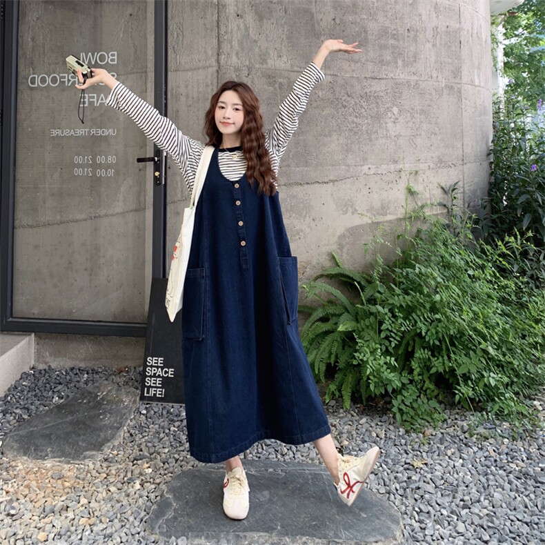 蓝色牛仔吊带裙条纹T恤两件套女秋季新款182-8666-P165-K238，女装套装/套裙，帛香坊