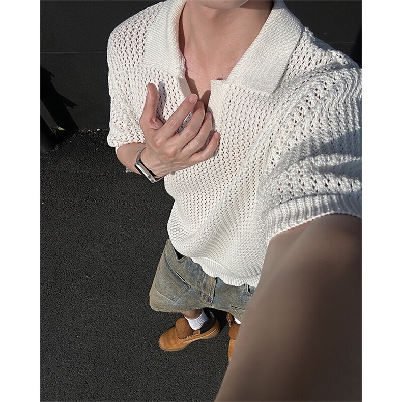 24M05-P50现货男女高街ins潮流夏季短袖套头毛衣蓝色半袖上衣,男装针织衫/毛衣,电商B327